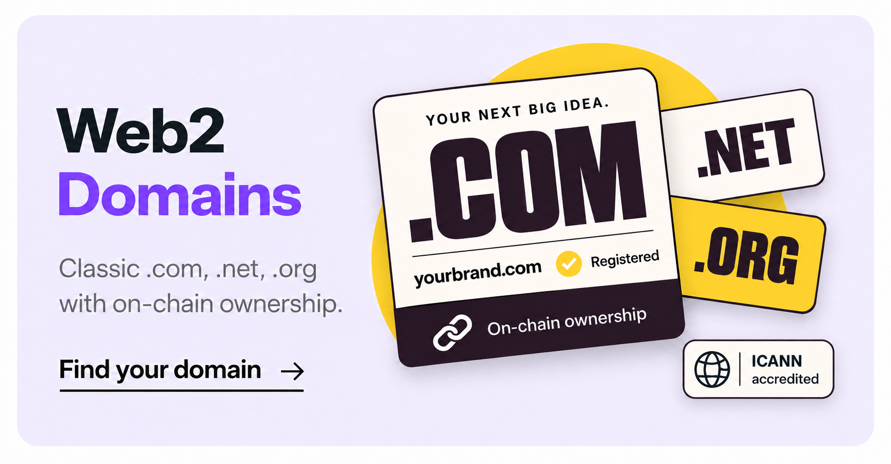 Web2 Domains. Classic .com, .net and .org with on-chain ownership. Find your domain.